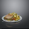 Delicious Hamburger With Sesame Bun Fresh Vegetables And Crispy French Fries On White Plate