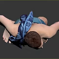 Shirtless Man With Blue Towel Over Shoulder And Blue Shorts Standing Barefoot On Gray Background