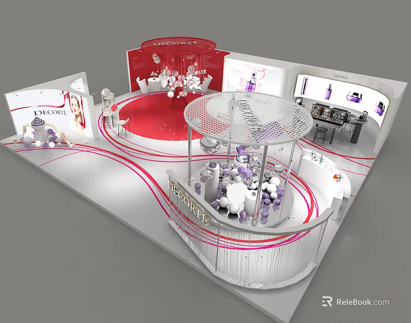 Exhibition Booth Design With Red And White Elements And Circular Display Structures 3d model
