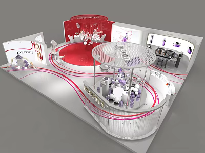 Exhibition Booth Design With Red And White Elements And Circular Display Structures 3d model