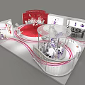 Exhibition Booth Design With Red And White Elements And Circular Display Structures 3d model