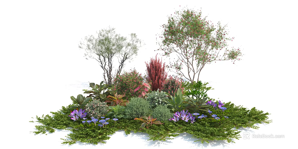 Diverse Colorful Garden Shrubs With Green Foliage And Purple Flowers 3d model 