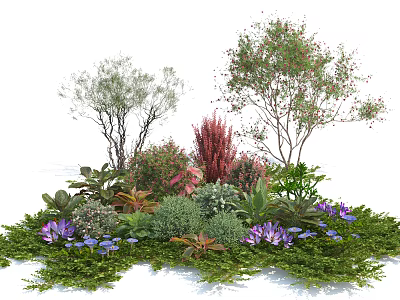 Diverse Colorful Garden Shrubs With Green Foliage And Purple Flowers 3d model