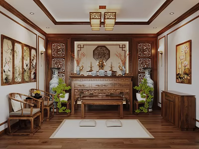 Traditional Chinese Religious Worship Space With Wooden Shrine Lantern Lights And Decorative Plants 3d model