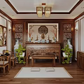 Traditional Chinese Religious Worship Space With Wooden Shrine Lantern Lights And Decorative Plants