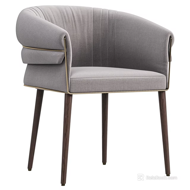 Gray Upholstered Single Chair With Curved Back Armrests Dark Wooden Legs And Gold Trim 3d model 
