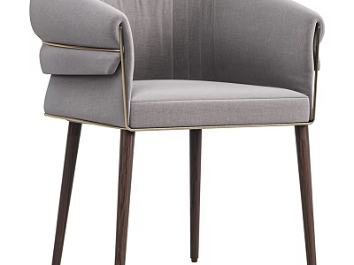 Gray Upholstered Single Chair With Curved Back Armrests Dark Wooden Legs And Gold Trim 3d model