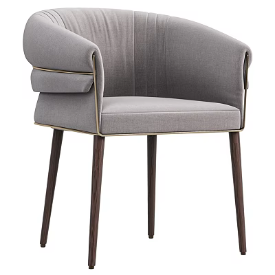 Gray Upholstered Single Chair With Curved Back Armrests Dark Wooden Legs And Gold Trim 3d model