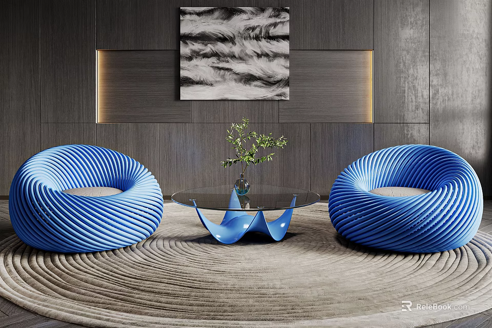 Blue Spiral Casual Sofa Set With Glass Coffee Table Green Plant And Dark Wooden Wall 3d model 