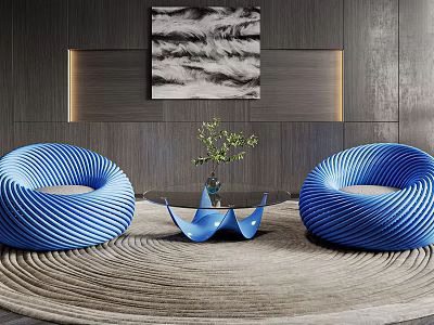 Blue Spiral Casual Sofa Set With Glass Coffee Table Green Plant And Dark Wooden Wall 3d model