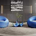 Blue Spiral Casual Sofa Set With Glass Coffee Table Green Plant And Dark Wooden Wall