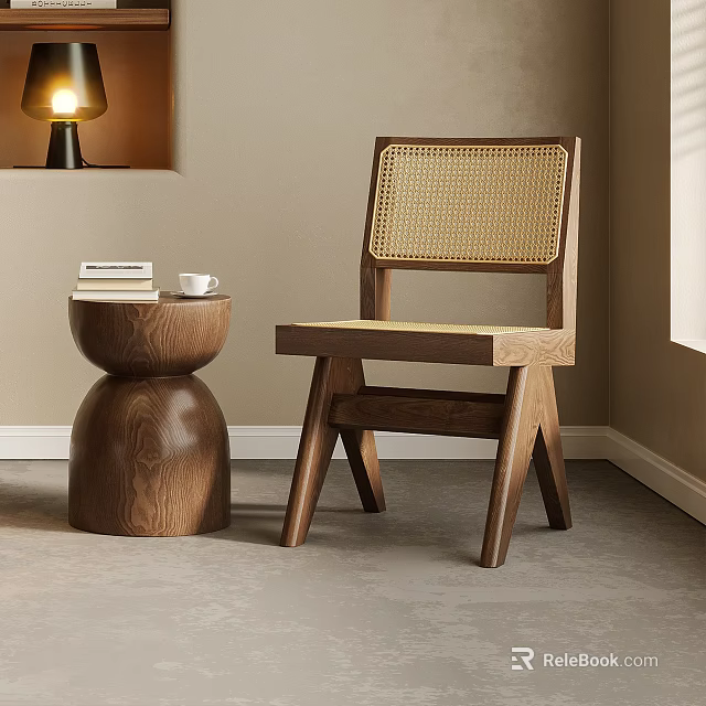 Natural Wooden Frame Leisure Chair With Rattan Backrest And Side Table In Cozy Living Corner 3d model 