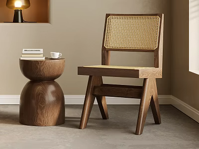 Natural Wooden Frame Leisure Chair With Rattan Backrest And Side Table In Cozy Living Corner 3d model