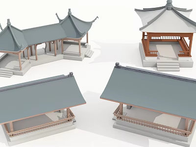 Traditional Chinese Pavilion Structures With Grey Roofs And Wooden Frames 3d model