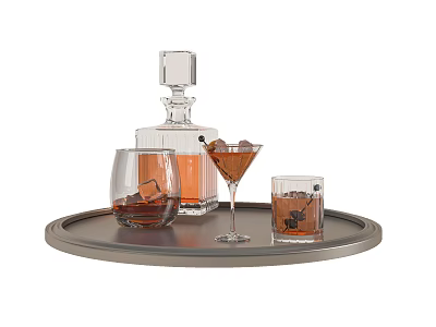 Wine Bottle and Glasses on Round Silver Tray with Ice Cubes and Amber Liquid 3d model