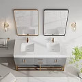 Modern Bathroom Vanity Cabinet With Gray Golden Design Double Mirrors Wall Lamps And Potted Plant