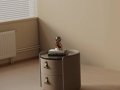 Round Side Table With Two Drawers And Metal Handles In Room Interior With Window Blinds 3d model