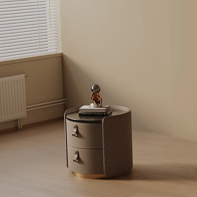 Round Side Table With Two Drawers And Metal Handles In Room Interior With Window Blinds 3d model