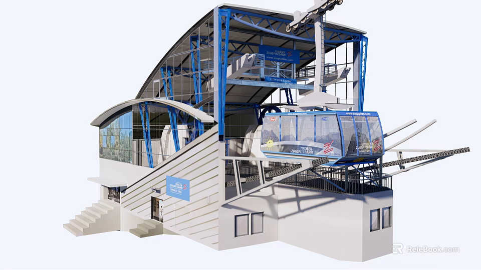 Modern Building Structure Featuring Cable Car System Blue Metal Frame White Exterior And Glass Elements 3d model