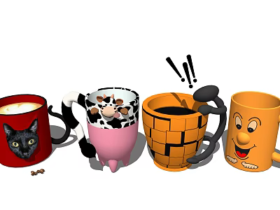 Colorful Mugs with Black Cat Cow Print Brick Shape and Smiley Face Patterns 3d model