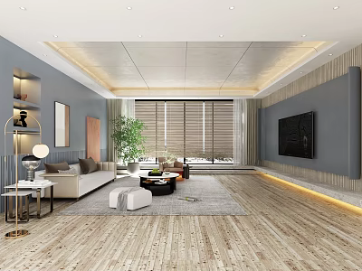 Elegant Modern Spacious Living Room With Cozy Sofa Natural Wood Floor And Large Window Design 3d model