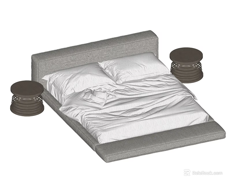 Minimalist Double Bed With Gray Headboard White Bedding And Two Dark Nightstands 3d model 