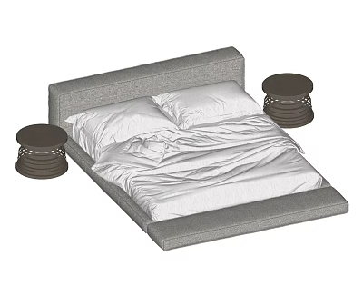 Minimalist Double Bed With Gray Headboard White Bedding And Two Dark Nightstands 3d model