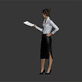 Businesswoman in White Shirt and Black Skirt Holding Document Against Gray Background With Reflective Floor