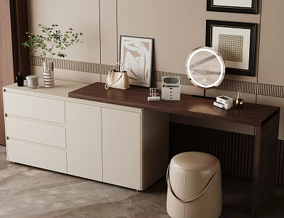Modern Stylish Dressing Table with Wooden Top Round Mirror Drawers Stool Vase and Picture Frames 3d model