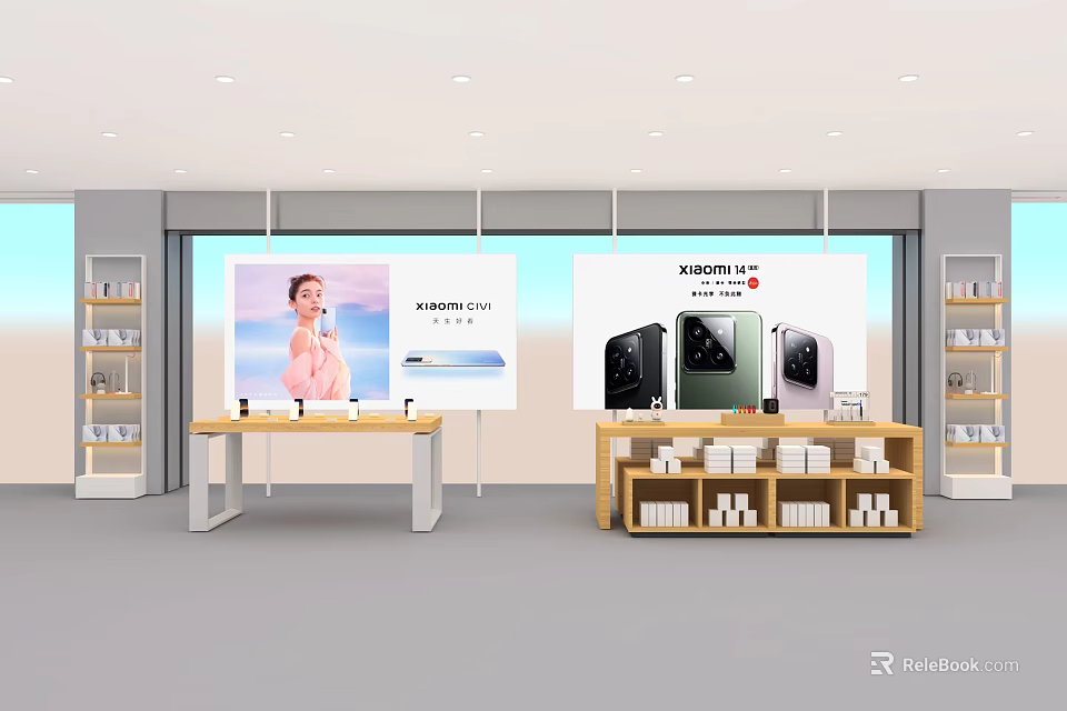 Retail Store Display Shelves And Tables For Electronic Products With Advertising Backdrop 3d model 