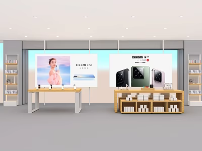 Retail Store Display Shelves And Tables For Electronic Products With Advertising Backdrop 3d model