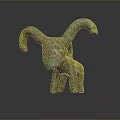 Ancient Bronze Sheep Sculpture Carving With Curved Horns And Green Patina Design