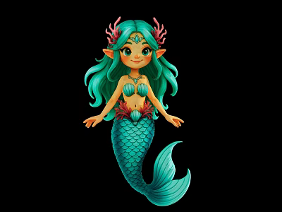 Cute Mermaid Character With Green Hair Coral Headdress And Seashell Top Green Fish Tail Design 3d model