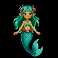 Cute Mermaid Character With Green Hair Coral Headdress And Seashell Top Green Fish Tail Design