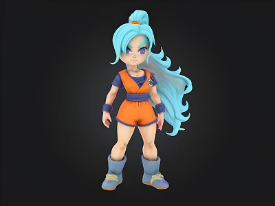 Anime Style Character With Turquoise Long Hair Orange Outfit And Blue Boots 3d model