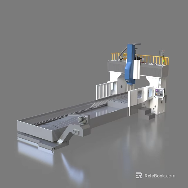 Industrial CNC Gantry Milling Machine With Long Worktable Blue Spindle Yellow Guardrails And Control Panel 3d model 