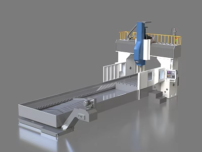 Industrial CNC Gantry Milling Machine With Long Worktable Blue Spindle Yellow Guardrails And Control Panel 3d model