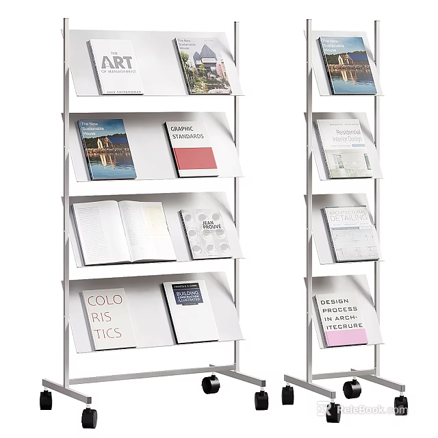 Multi Tiered Mobile Bookcase With Various Themed Books And Rolling Wheels 3d model 