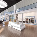 Modern Exhibition Hall Interior With Gray Door White Display Shelves Red Items And Blue Boards