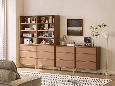 Modern Wooden Bookcase with Books Decor Items Drawers in Living Room with Sofa and Artwork 3d model