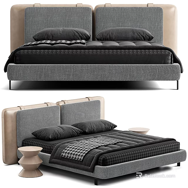 Modern Double Bed With Upholstered Headboard Neutral Tones Pillows And Side Table 3d model