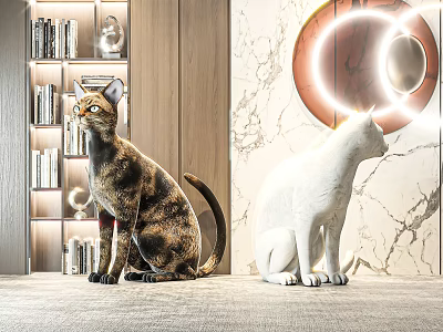 Real Cat Sitting With White Sculpture By Bookshelf On Marble Background With Lighting 3d model
