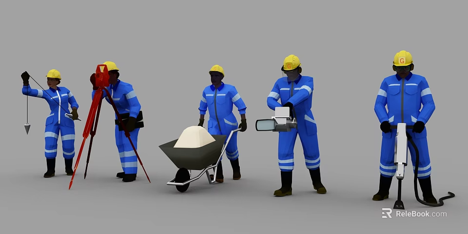 Men in Blue Work Uniforms and Yellow Hard Hats Working with Wheelbarrow and Surveying Tools 3d model 