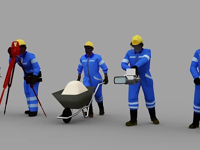 Men in Blue Work Uniforms and Yellow Hard Hats Working with Wheelbarrow and Surveying Tools 3d model