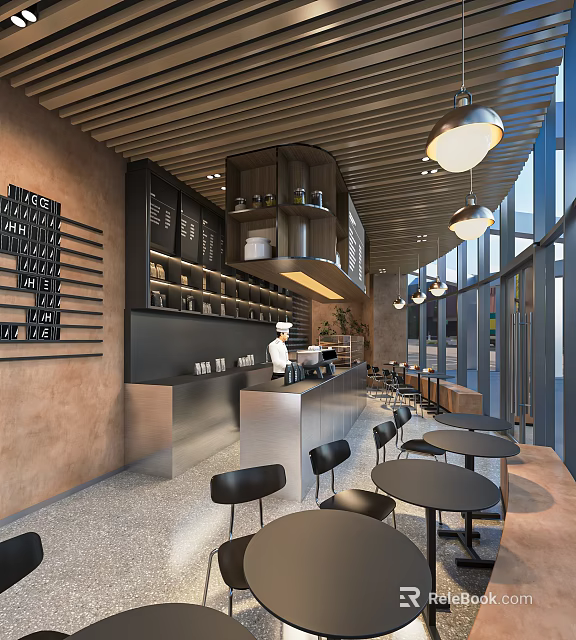 Modern Café Interior Design With Stainless Steel Counter Black Tables Chairs And Hanging Lights 3d model 