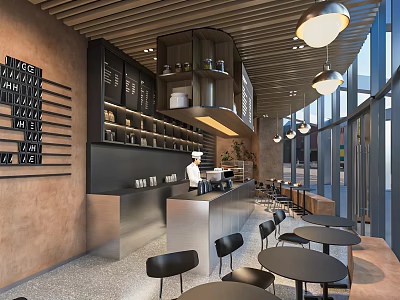 Modern Café Interior Design With Stainless Steel Counter Black Tables Chairs And Hanging Lights 3d model