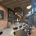 Modern Café Interior Design With Stainless Steel Counter Black Tables Chairs And Hanging Lights