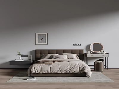 Modern Bedroom With Double Bed Brown Headboard Gray Wall Nightstand Mirror Plant And Gray Carpet 3d model