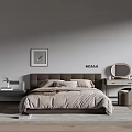 Modern Bedroom With Double Bed Brown Headboard Gray Wall Nightstand Mirror Plant And Gray Carpet