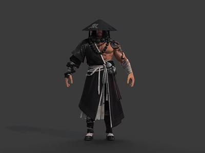 Ancient Muscular Warrior Character In Traditional Black Robe With Conical Hat And Arm Guards 3d model